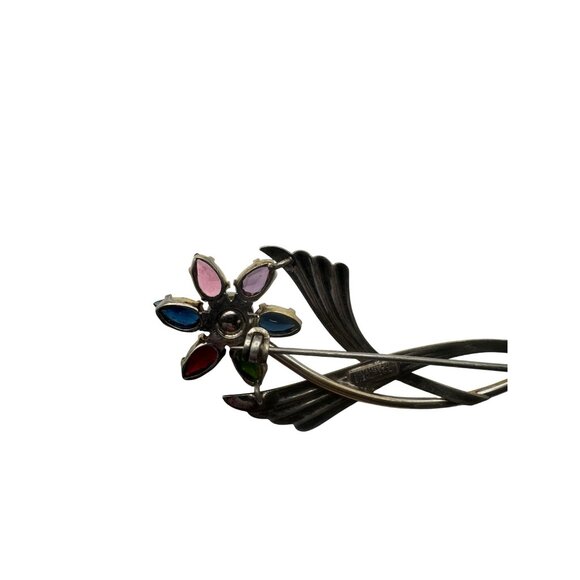 Vintage Symmetalic Sterling and 14K Flower Rhinestone Faux Pearl Brooch - Picture 5 of 8